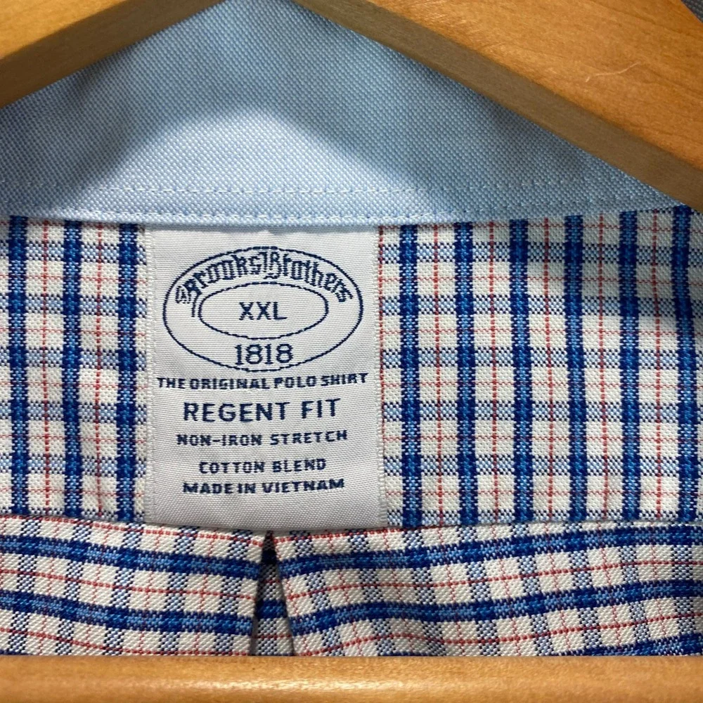Brooks Brothers Regent Fit Mens XXL Blue Red Tattersall Non-Iron Stretch Shirt